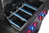 Close-up of a computer case with cooling system and RGB lighting