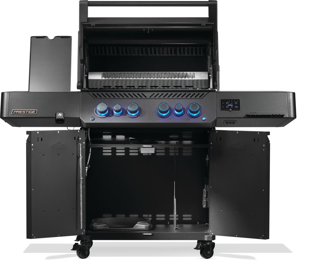 Black outdoor grill with multiple burners and control knobs on a white background
