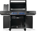 Black outdoor grill with multiple burners and control knobs on a white background