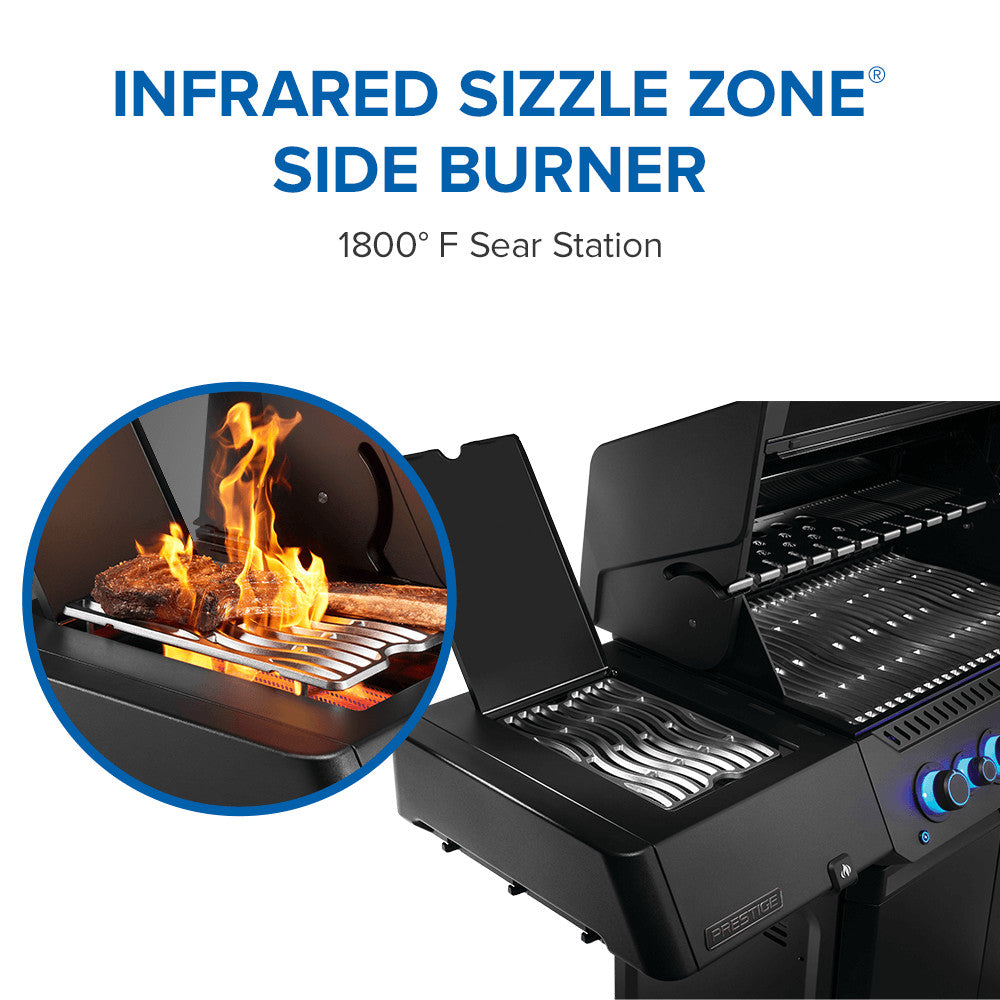 Grill with infrared sizzle zone side burner and close-up of flames.