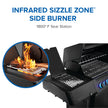 Grill with infrared sizzle zone side burner and close-up of flames.
