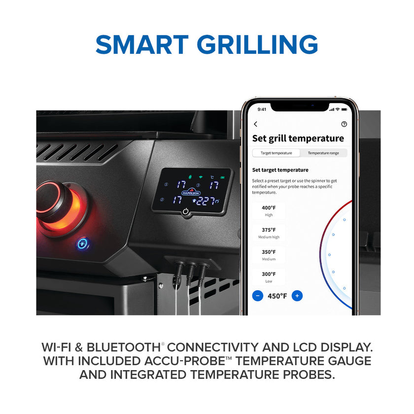 Smart grill with smartphone app interface showing temperature control
