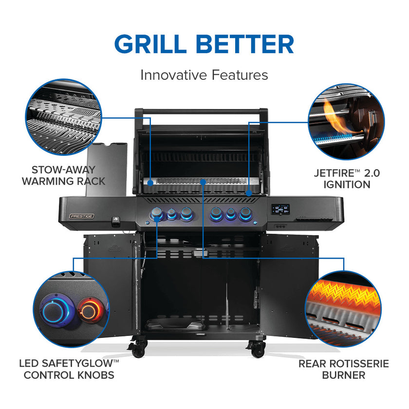 Grill with innovative features highlighted on a white background