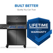 Black gas grill with a Lifetime Limited Warranty badge on a white background
