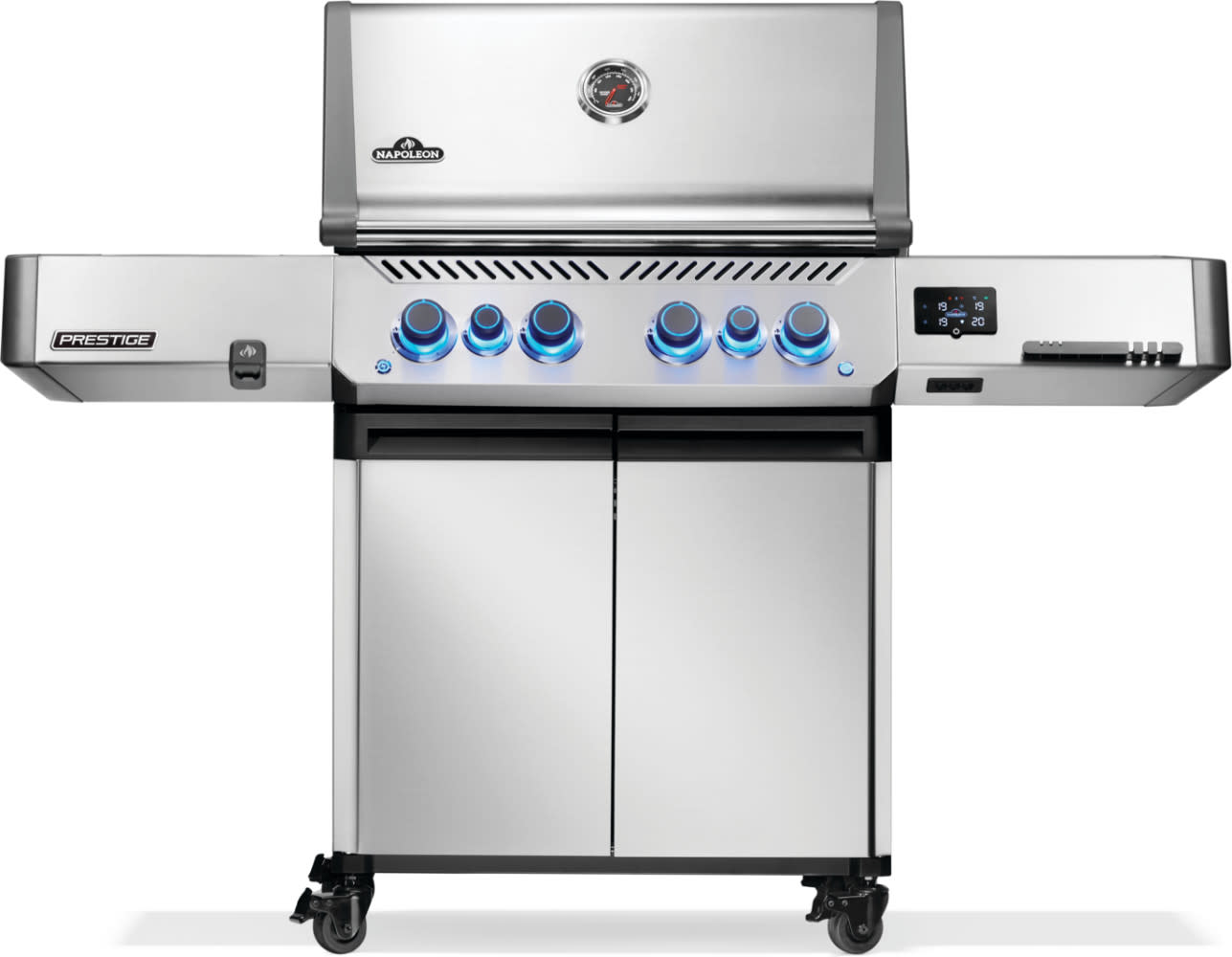 Stainless steel gas grill with multiple burners on a white background