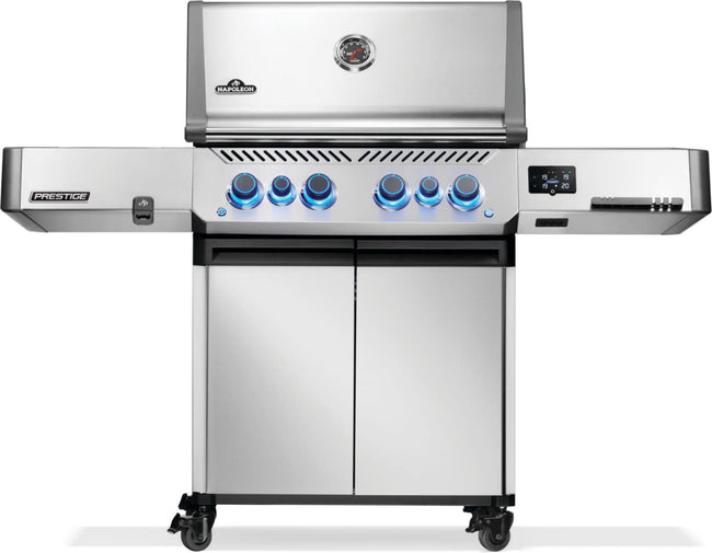 Stainless steel gas grill with multiple burners on a white background