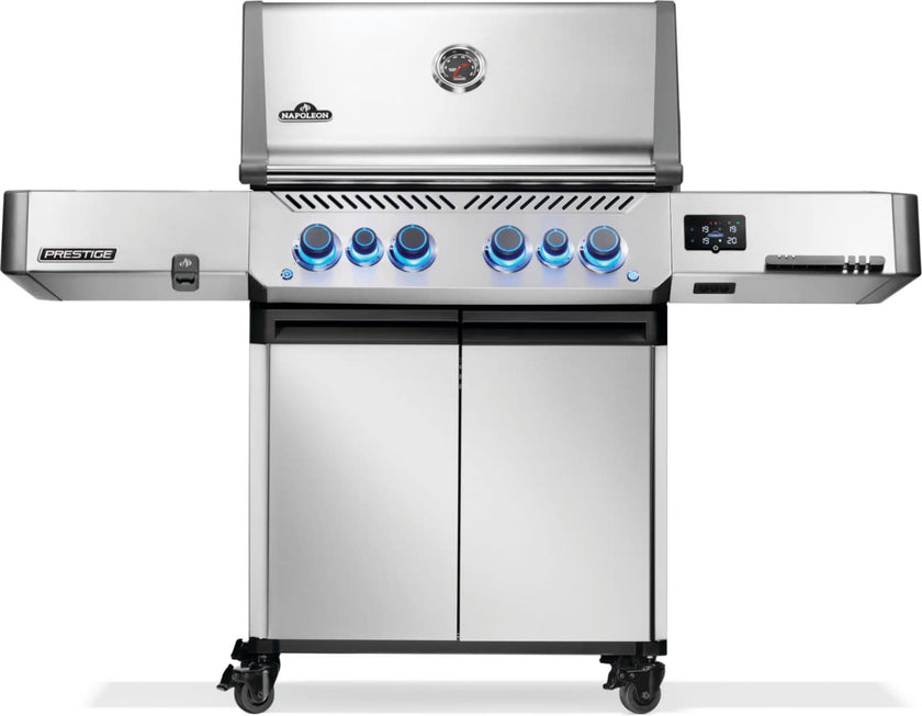 Stainless steel gas grill with multiple burners on a white background