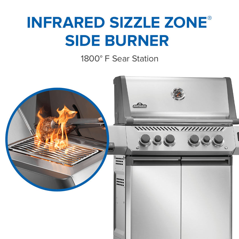 Stainless steel grill with infrared sizzle zone side burner feature, showing flames and text on a white background.