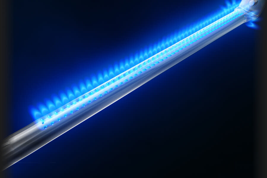 Blue LED strip light on a dark background
