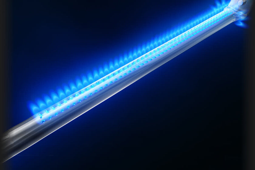 Blue LED strip light on a dark background