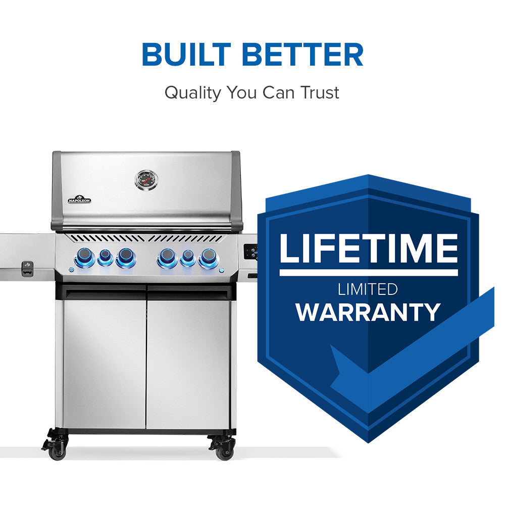 Stainless steel grill with 'Lifetime Limited Warranty' badge on a white background