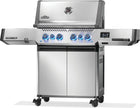 Stainless steel gas grill with blue burners on a white background