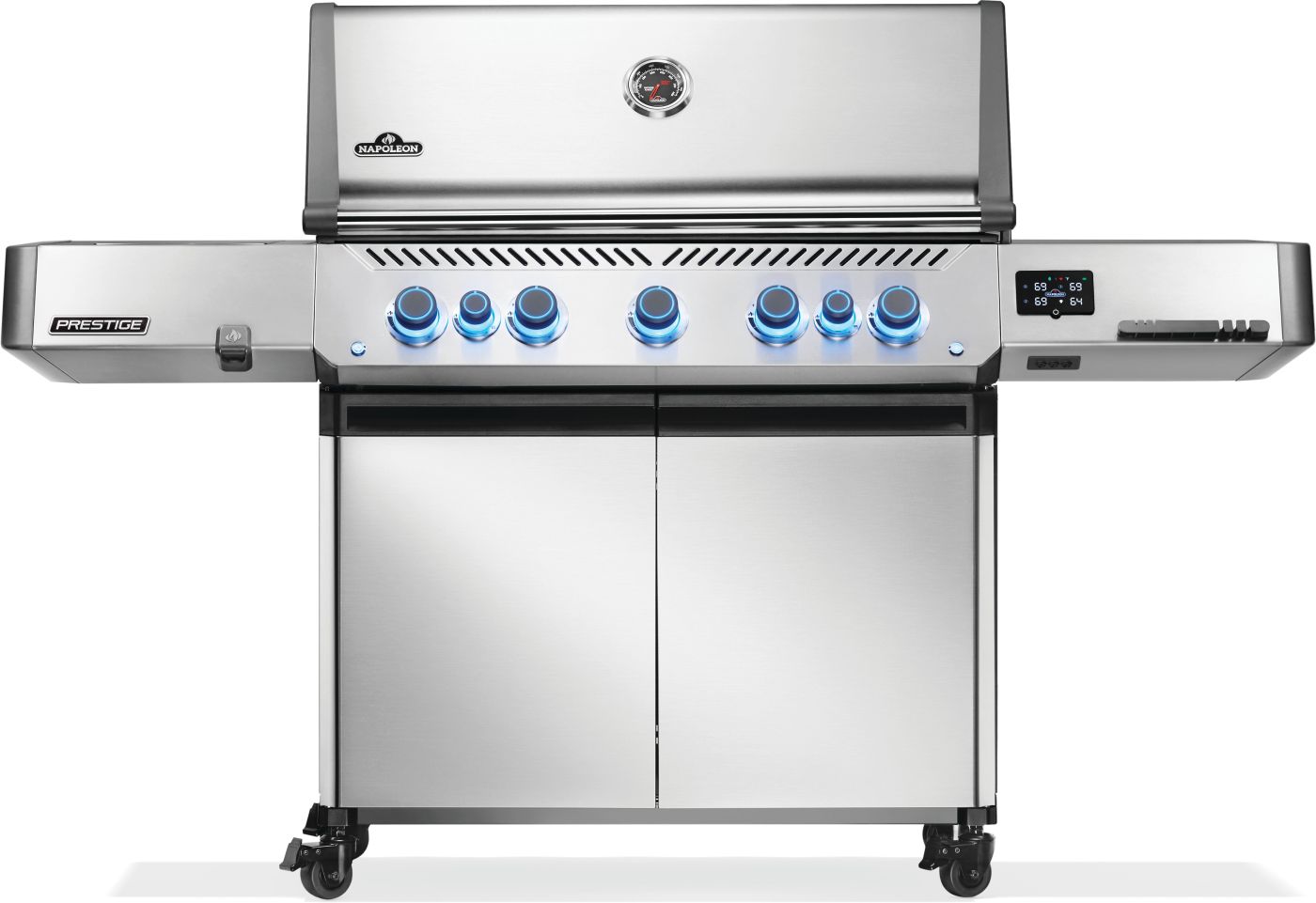Stainless steel grill with multiple burners on a white background