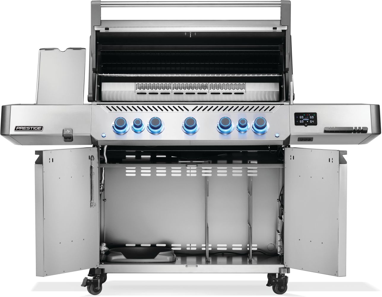 Stainless steel gas grill with open doors on a white background