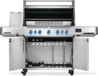 Stainless steel gas grill with open doors on a white background