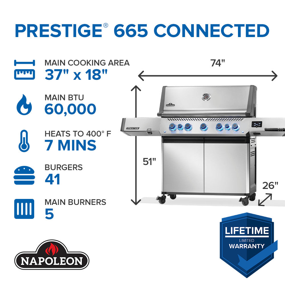 Napoleon Prestige 665 Connected grill with specifications and dimensions on a white background
