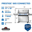 Napoleon Prestige 665 Connected grill with specifications and dimensions on a white background