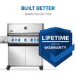 Stainless steel grill with 'Built Better' and 'Lifetime Limited Warranty' text on a white background