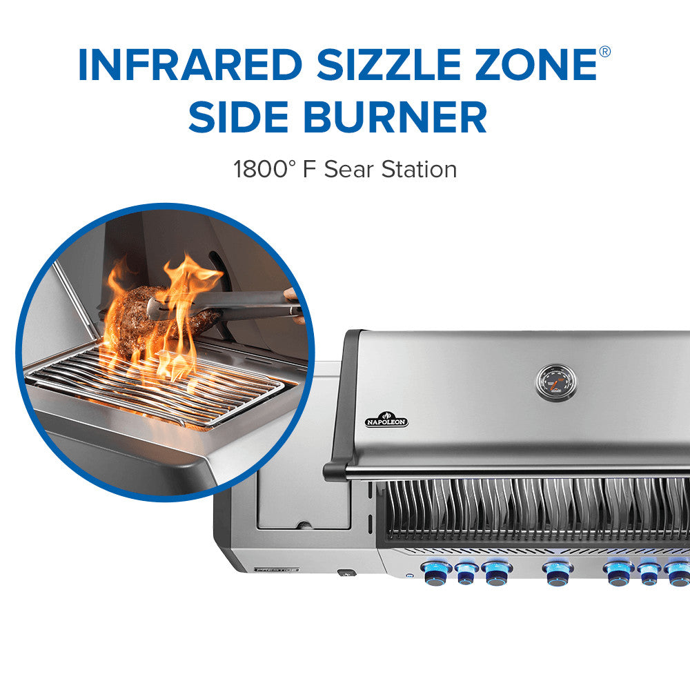 Stainless steel grill with infrared sizzle zone side burner and flame inset on a white background