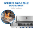 Stainless steel grill with infrared sizzle zone side burner and flame inset on a white background