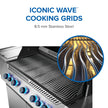 Stainless steel grill with 'Iconic Wave' cooking grids and close-up detail on a white background.