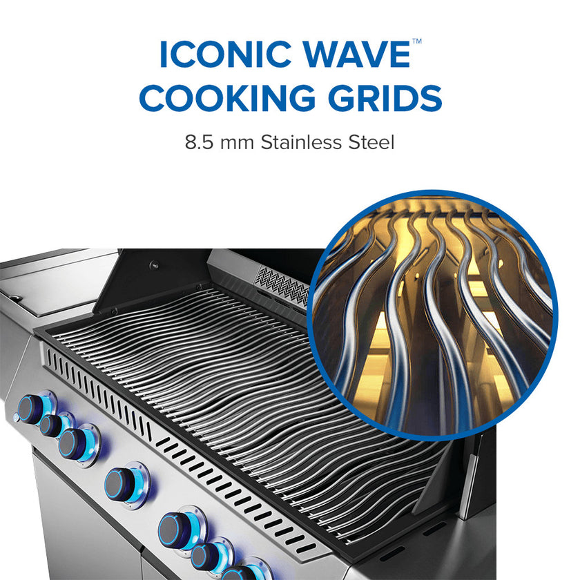 Stainless steel grill with 'Iconic Wave' cooking grids and close-up detail on a white background.