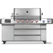 Stainless steel grill with multiple knobs on a white background
