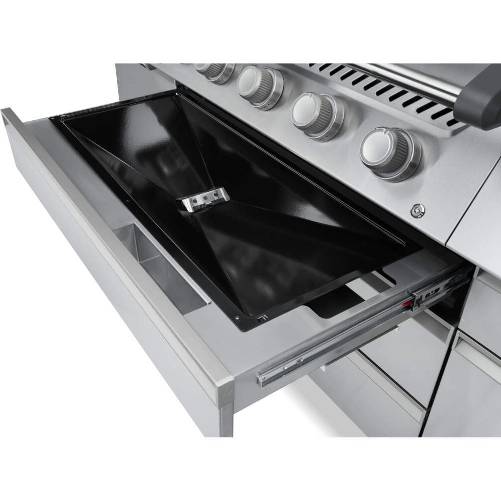Stainless steel grill with open lid on a white background