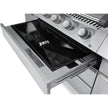 Stainless steel grill with open lid on a white background