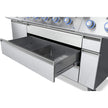 Stainless steel grill with a drawer open on a white background