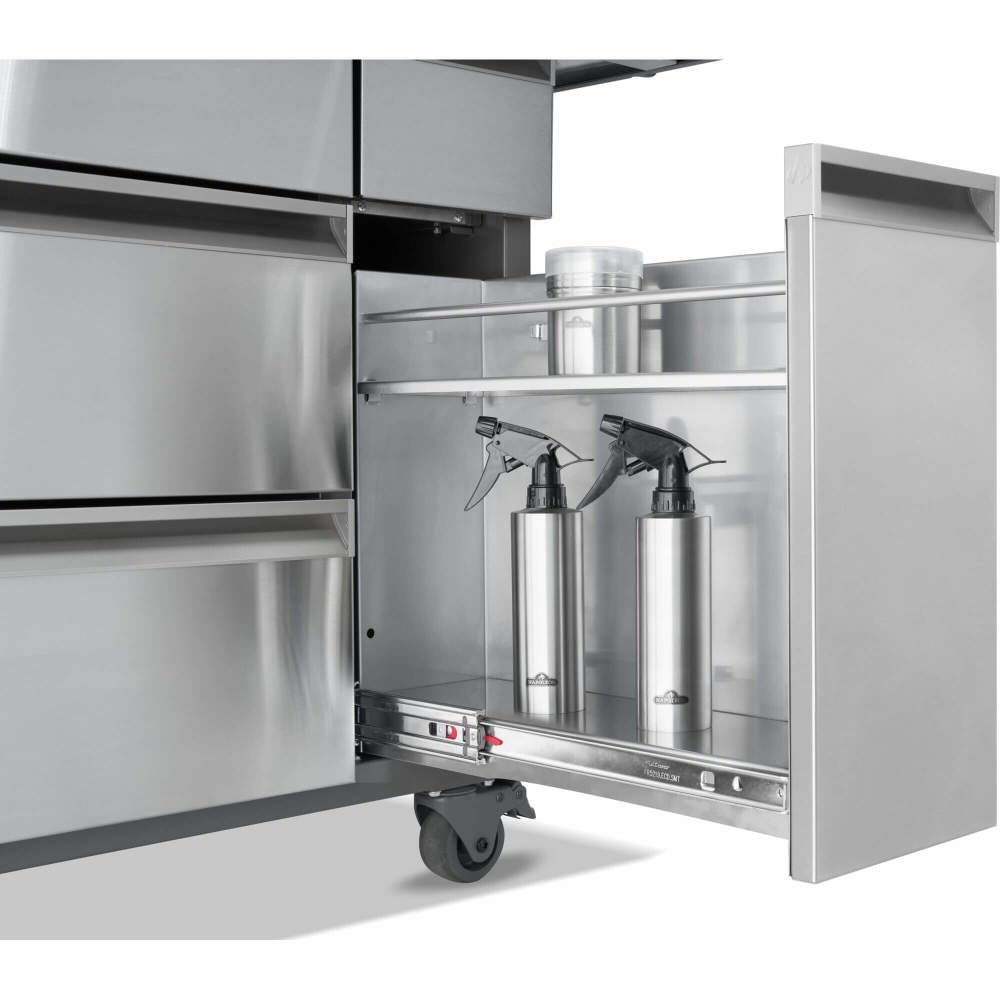 Stainless steel kitchen cabinet with open door revealing storage compartments.