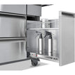 Stainless steel kitchen cabinet with open door revealing storage compartments.
