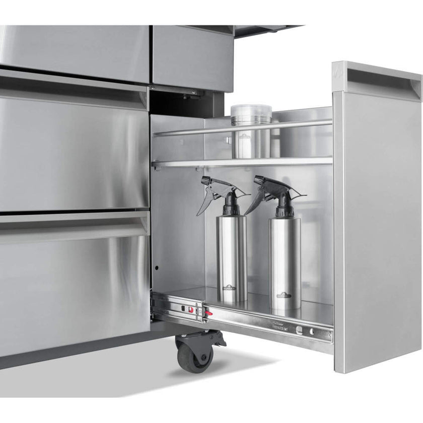 Stainless steel kitchen cabinet with open door revealing storage compartments.