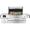 Stainless steel grill with digital display and control knobs on a white background