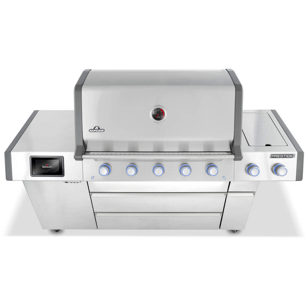 Stainless steel grill with multiple control knobs on a white background