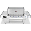 Stainless steel grill with multiple control knobs on a white background