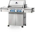 Stainless steel grill with multiple burners on a white background