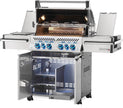 Propane grill with open side panels on a white background