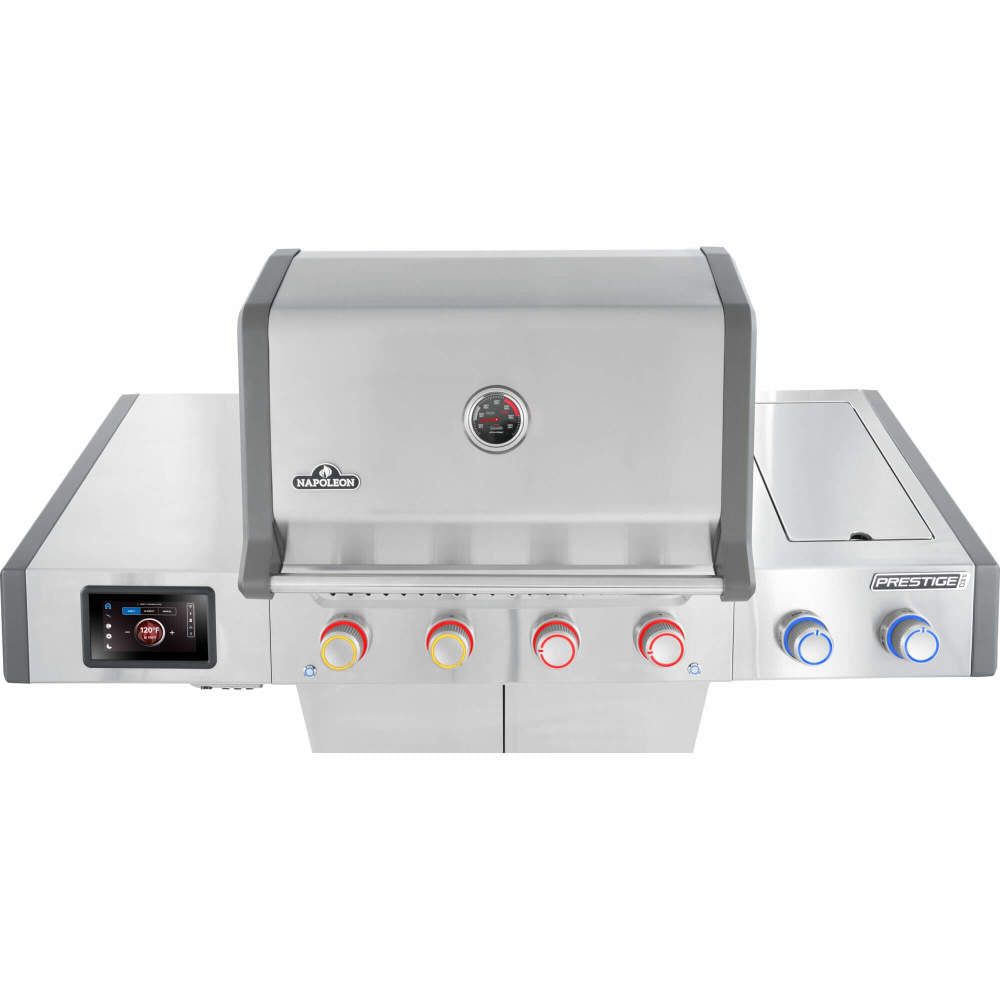 Stainless steel grill with digital display and control knobs on a white background