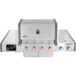 Stainless steel grill with digital display and control knobs on a white background