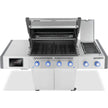 Stainless steel gas grill with multiple burners and a rotisserie on a white background