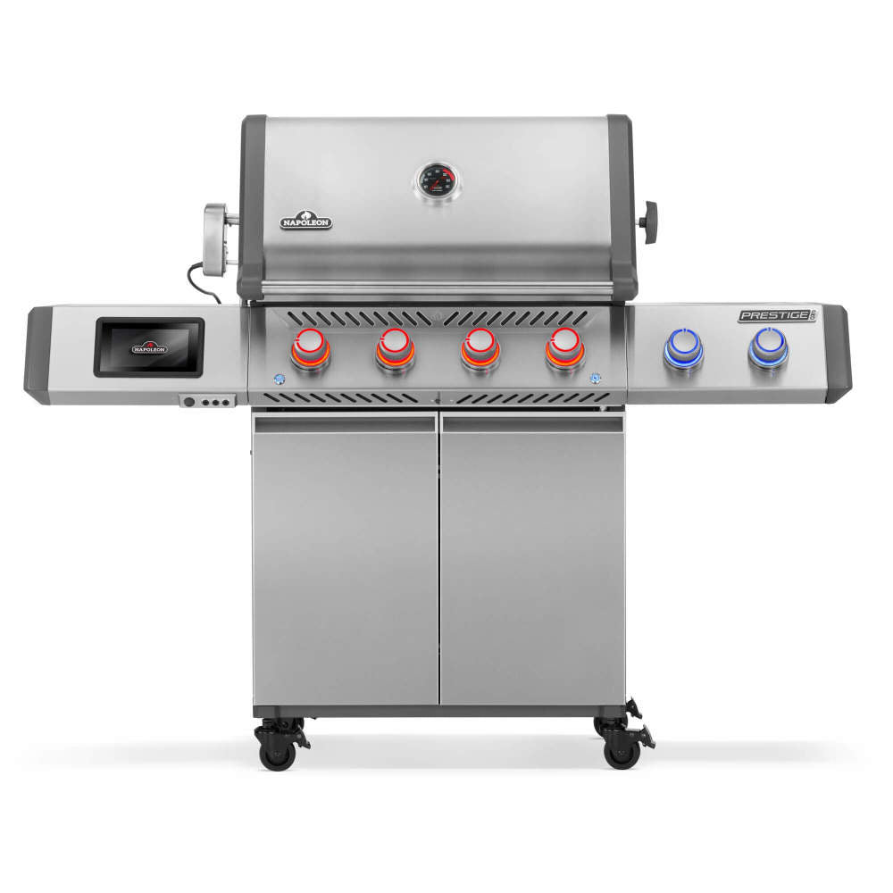 Stainless steel grill with multiple control knobs on a white background