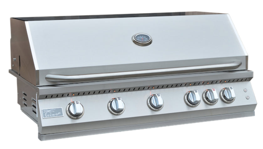 Stainless steel grill with control knobs on a white background