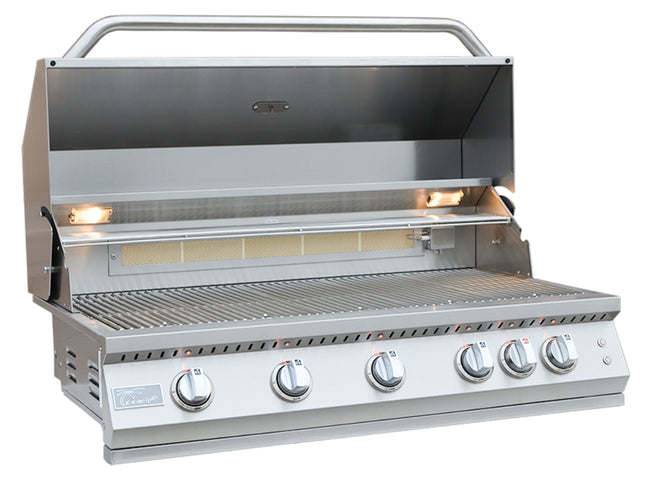 Stainless steel grill with visible brand logo on a white background