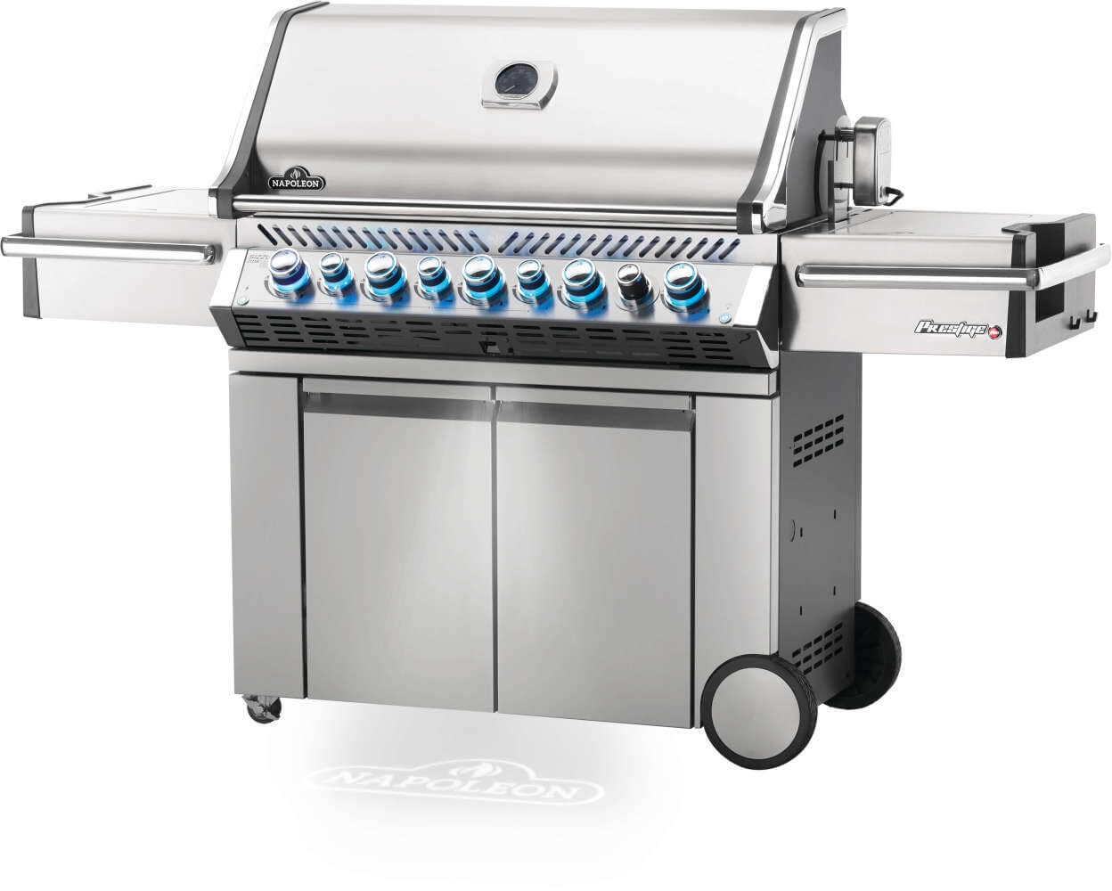 Stainless steel grill with multiple burners on a white background