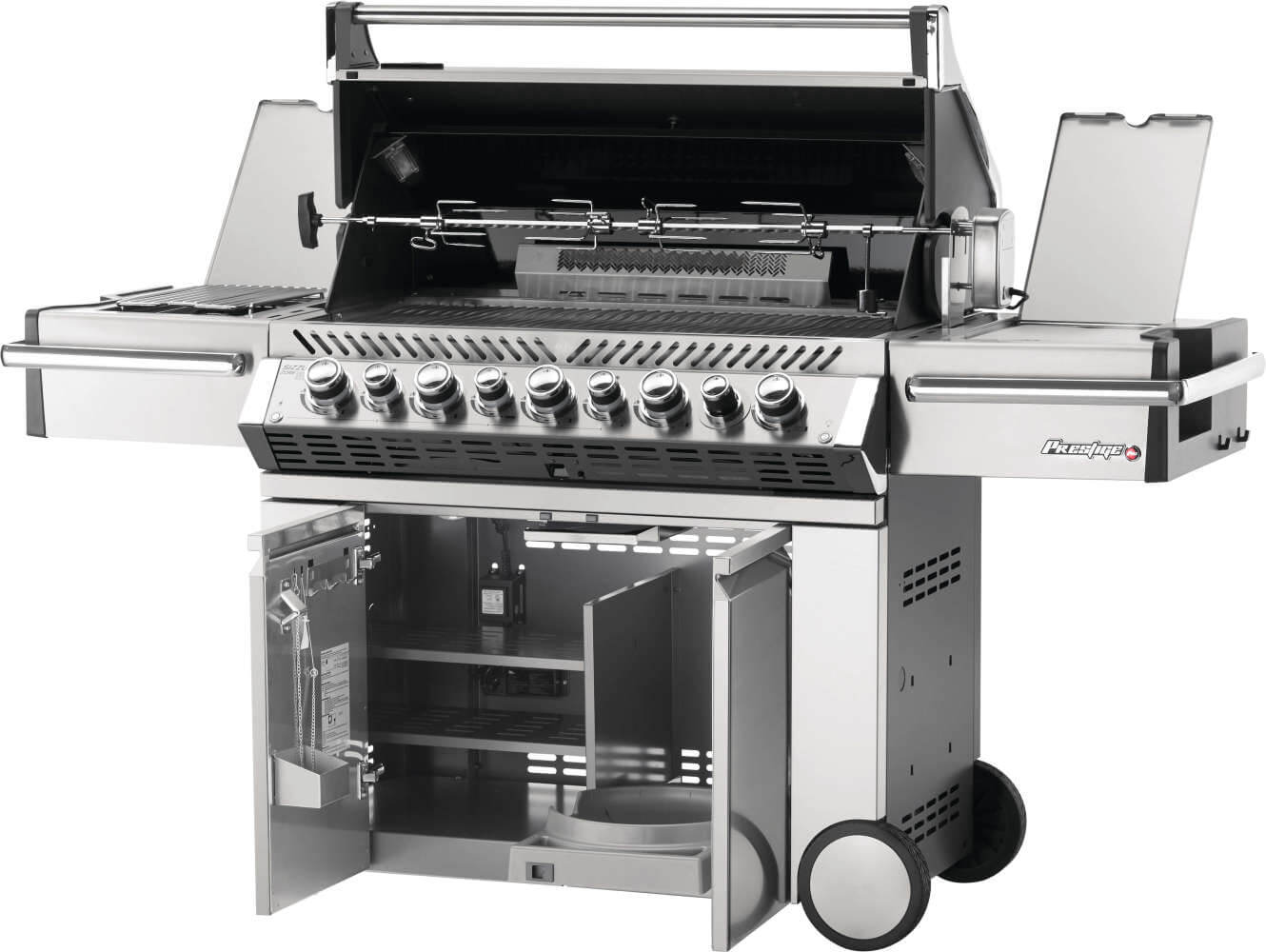 Stainless steel gas grill with multiple burners on a white background