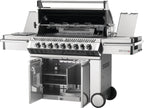 Stainless steel gas grill with multiple burners on a white background