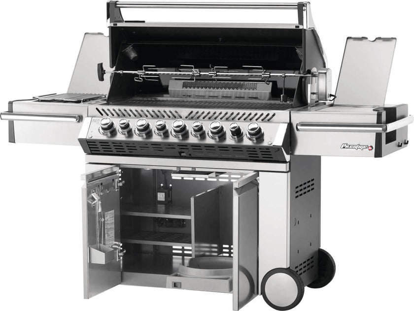 Stainless steel gas grill with multiple burners on a white background