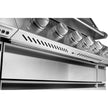 Stainless steel kitchen hood with control knobs on a white background
