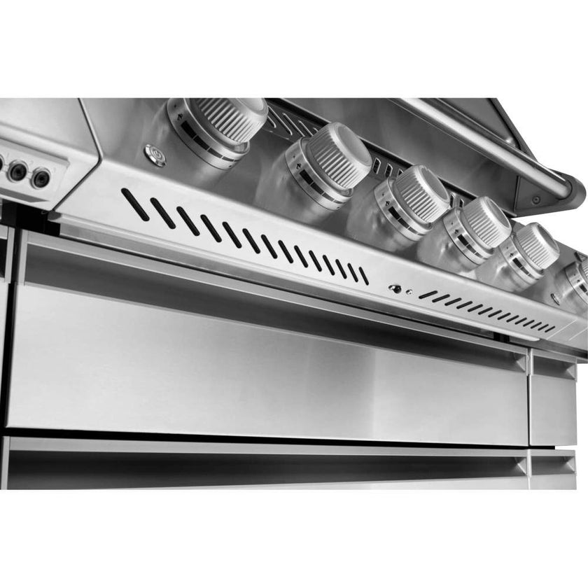 Stainless steel kitchen hood with control knobs on a white background
